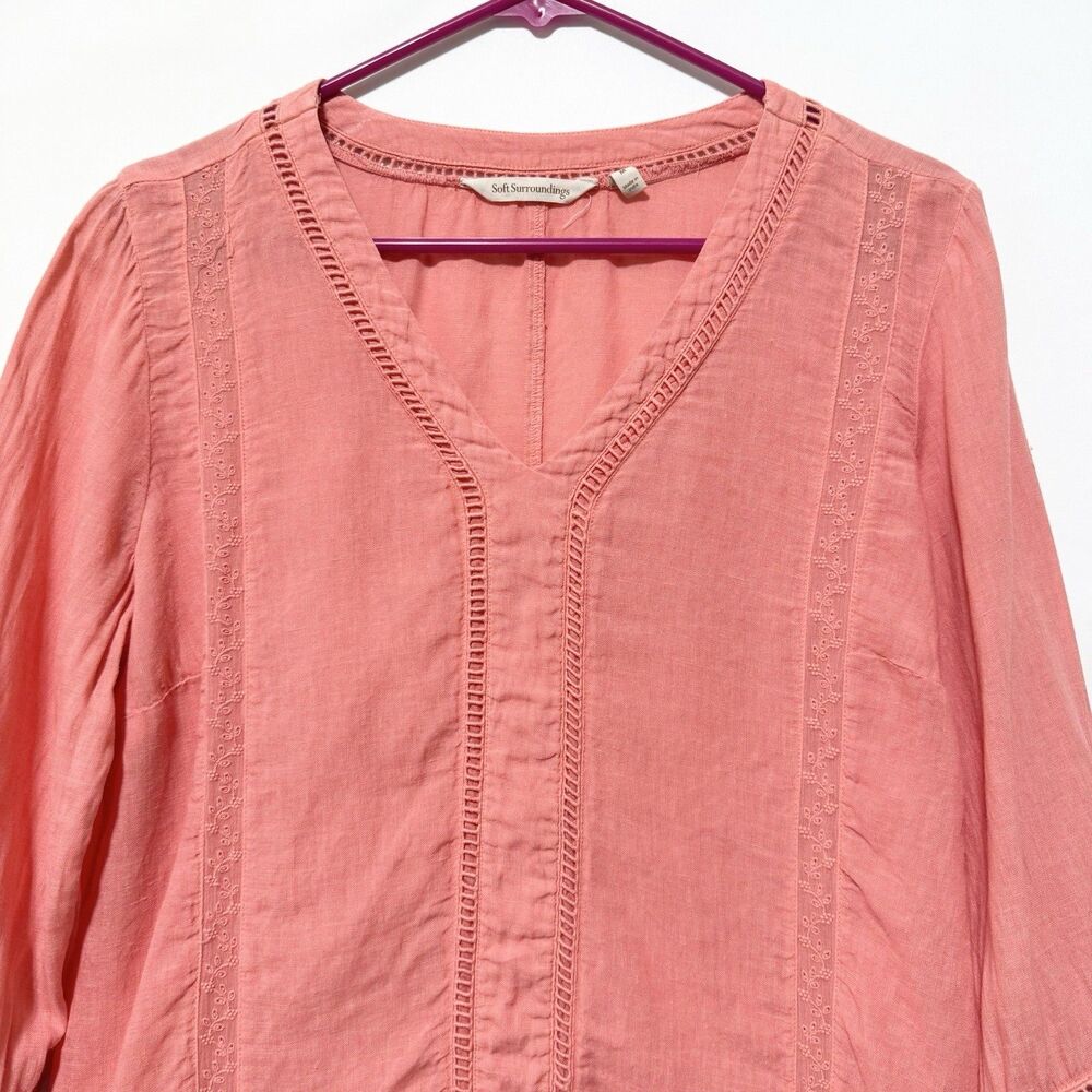 Soft Surroundings Coral Linen Tunic Top Medium V Neck 3/4 Sleeve Boho - Picture 2 of 11